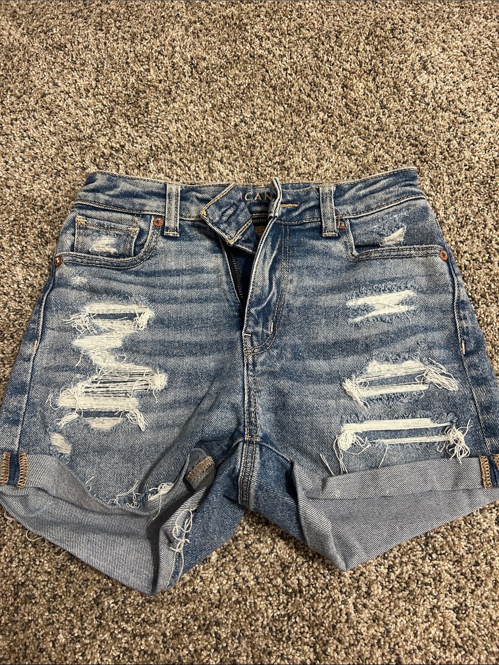 Distressed Rolled Hem Denim Shorts - Blue